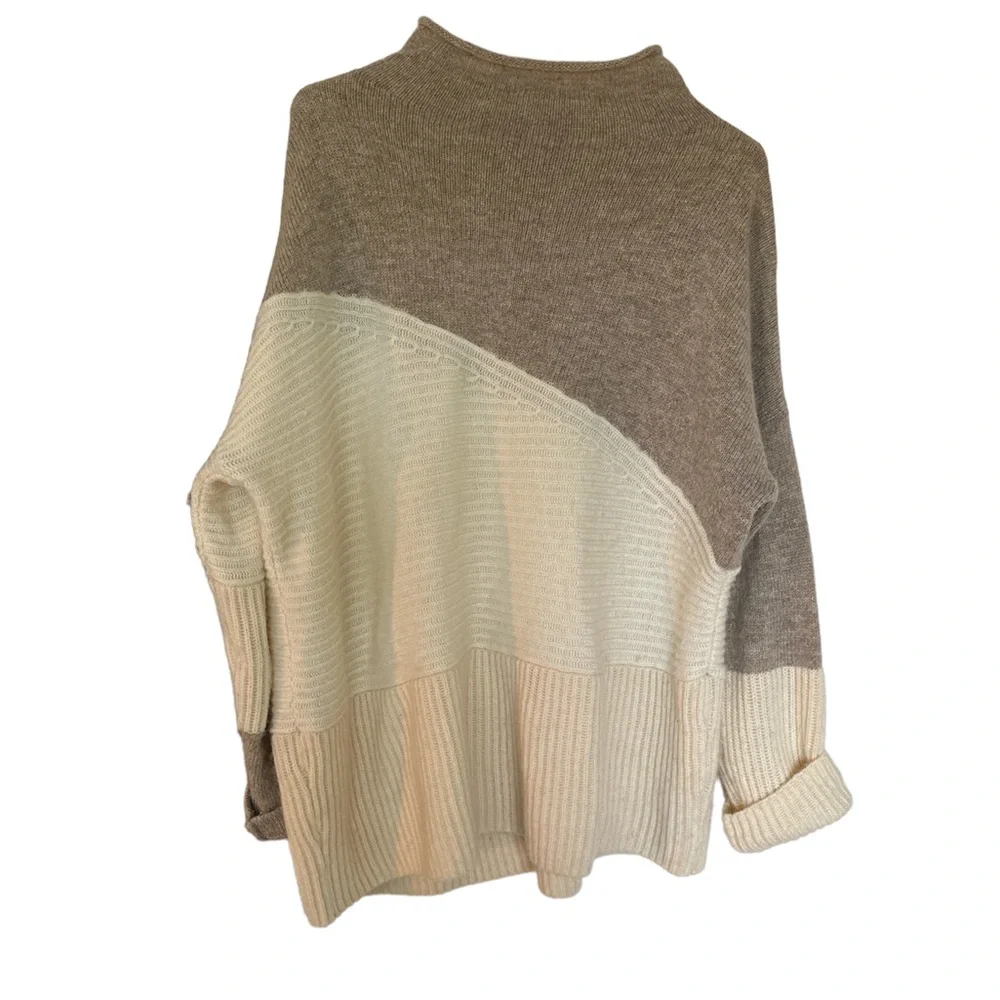 French Connection Wool Sweater Color Block Cream Small Mock Neck Fall Oversized - Picture 4 of 5